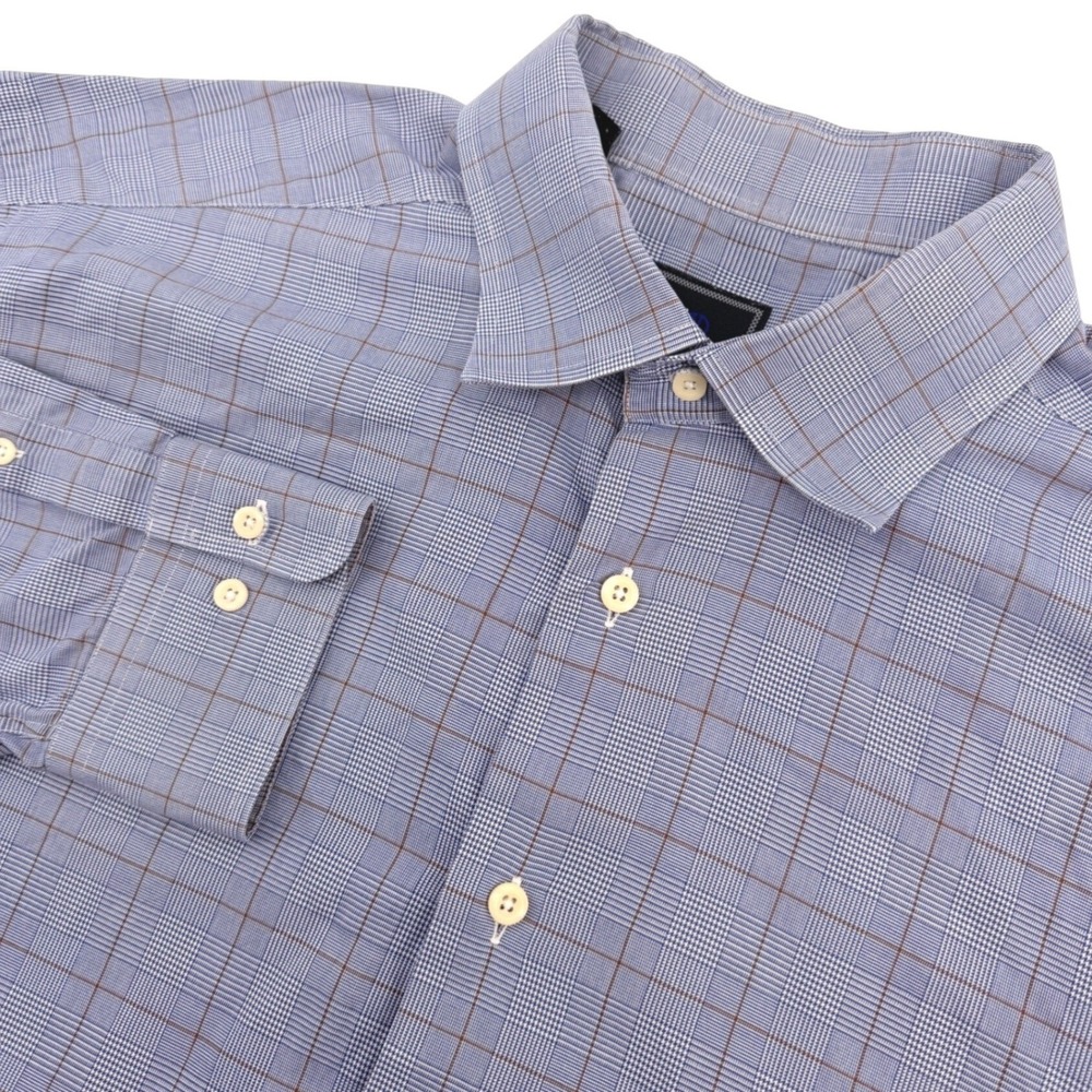 David Donahue Shirt Mens 17.5 34/35 Blue Plaid Cotton LS Dress Professional
